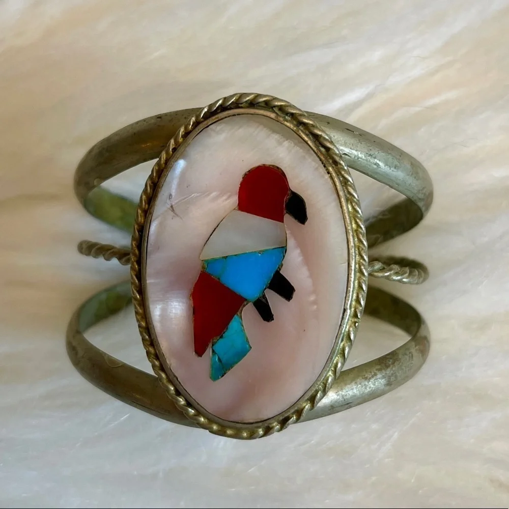 Zuni Turquoise and Coral Inlaid Stone Sterling Silver Bird Cuff Bracelet